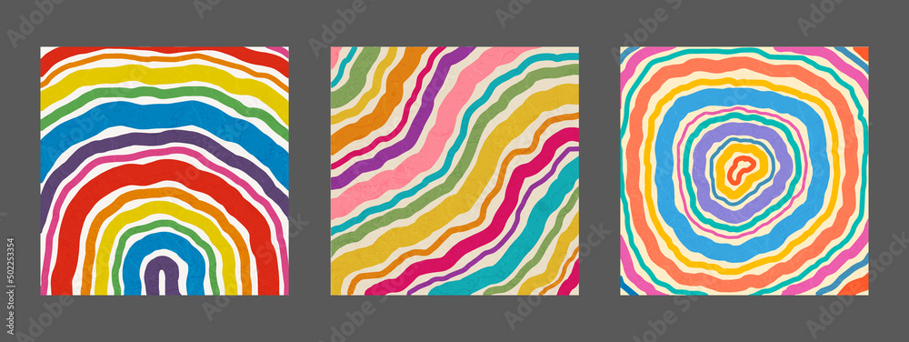 Poster set of cool hand drawn abstract colorful brush stripes. retro abstraction psychedelic art.
