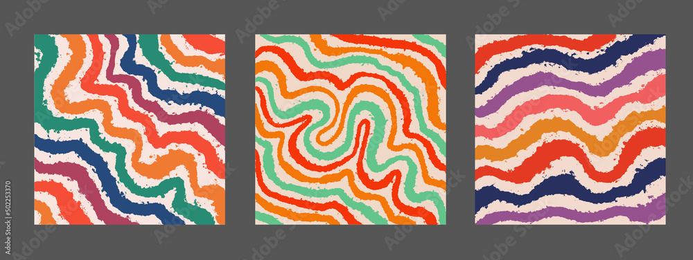 Poster set of cool hand drawn abstract colorful brush stripes. retro abstraction psychedelic art.