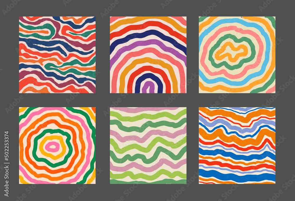 Poster set of cool hand drawn abstract colorful brush stripes. retro abstraction psychedelic art.