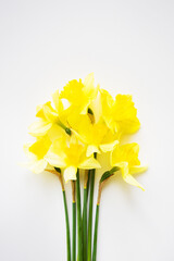 Yellow bouquet of daffodils lying on white table
