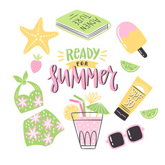 Colorful summer clipart set with lettering. Hand-drawn holiday decoration and typography. Isolated vector illustration designs with season elements like swimsuit, sunglasses, starfish and others.