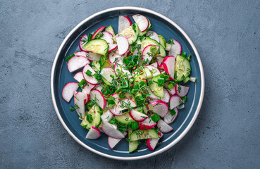 Vegetable salad with radishes, microgreens and flax seeds. Healthy food. Top view