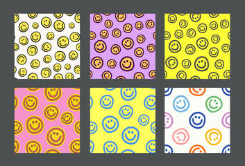 Collection Of Cool Smile Semaless Patterns Vecor Design. Trendy Groovy Happy Hand Drawn Doodle Backdrop.