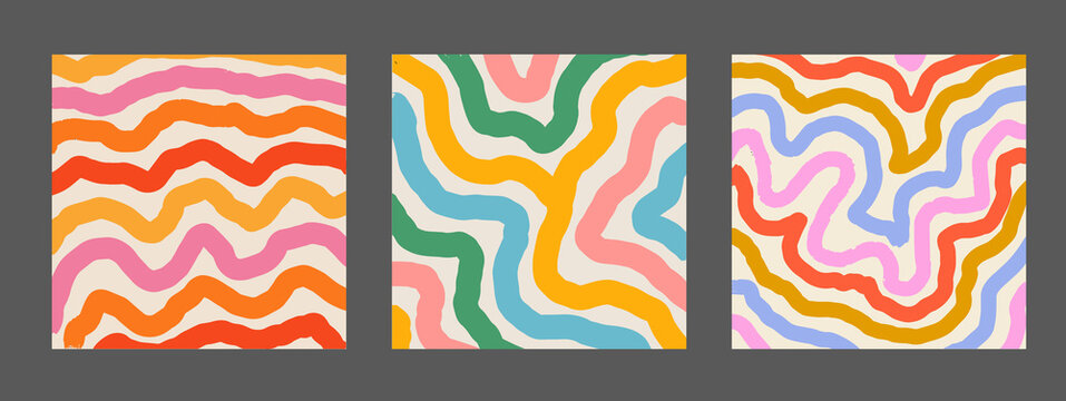 Set Of Cool Hand Drawn Abstract Colorful Brush Stripes. Retro Abstraction Psychedelic Art.
