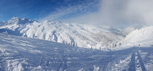 Panoramic view over snowy ski resort in Austrian Alps during daytime