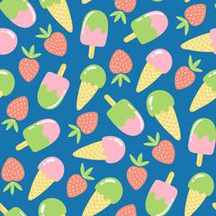 Seamless pattern with strawberries and ice cream. Summer background in bright colors. Hand-drawn trendy vector illustration for textile design.