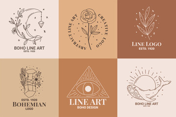 Boho mystic doodle esoteric logo set. Magic line art icon with moon, rose, leaf, diamond, eye, whale © anya