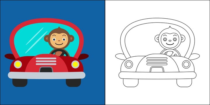 Cute monkey driving a car suitable for children's coloring page vector illustration