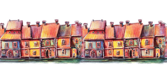 Seamless row of houses in cartoon style.