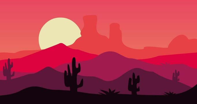 parallax animation video cactus mountains background with twilight red concept