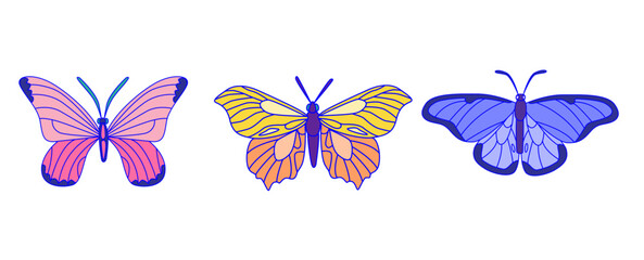 Set of three colorful butterflies. Vector insect illustration.