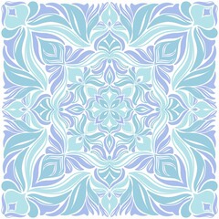 Decorative symmetrical pattern, ceramic tiles, natural motifs in blue and lilac tones