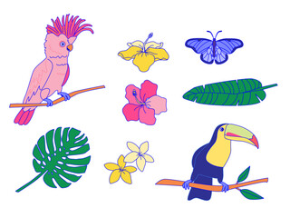 Obraz premium Set of tropical elements: birds, toucan, flowers, palm leaves and butterfly. Summer vector stickers. 
