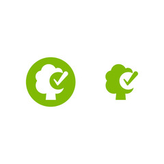 Green tree with ok tick. Valid seal. Save forest, wood resources emblem. Nature check. Safety environment. Healthy food and drink. Ecology, eco friendly sticker. Organic, nature care.