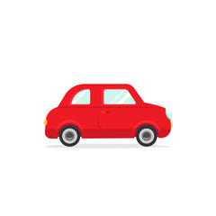 Little red cute car. Vector auto icon isolated on white background. Cartoon retro car. Road adventures, trip, journey sign. Delivery.
