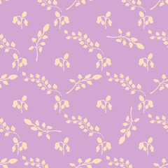 Seamless pattern of abstraction of leaves, bell flowers, branches on a bright pink background for printing