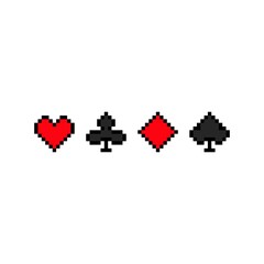 Pixel card suits. Red heart and diamond with black club and spade. Gambling poker games in club and vector house