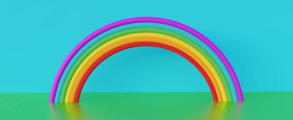 Obraz premium Colorful rainbow on green mesh surface. Bright colored semicircles on blue sky 3d render growing abstract grass. Realistic toy stripes of light and joy