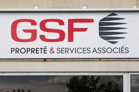 Bourg, France - September 26, 2020: GSF logo on a wall. GSF Proprete and Services is a main actor in the cleaning and associated services sector in France