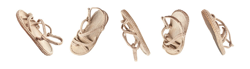 Summer female wicker sandals isolated on white background. Fashionable trendy rope straw sandals. Jute slippers. Handmade Eco-friendly natural shoes. Cut out objects for design, Mock up