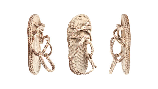 Summer female wicker sandals isolated on white background. Fashionable trendy rope straw sandals. Jute slippers. Handmade Eco-friendly natural shoes. Cut out objects for design, Mock up