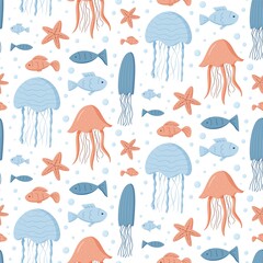 Seamless repeating pattern marine, underwater life, jellyfish and fish, star.Vector objects in cartoon style