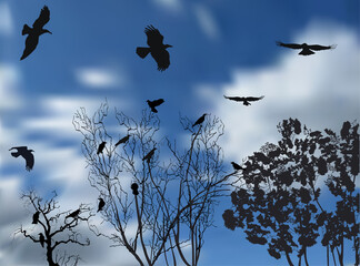 black bare branches and flying crows on blue sky background