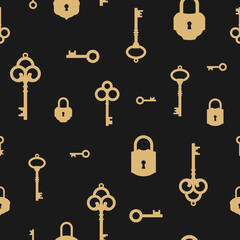 Magic keys with vintage locks. Vector retro golden pattern on black. Catch luck, tint, hint concept. Mystery or clue wallpaper.