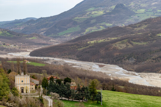 The Sanctuary of the Beata Vergine Maria delle Grazie in Bardi, Parma, Italy and the valley of the Ceno stream