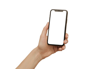 Female hand holding modern mobile phone with blank screen isolated at white background. Cellphone mockup.