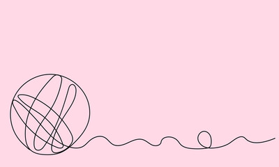 Knitting day. One continuous line of ball of thread on pink background