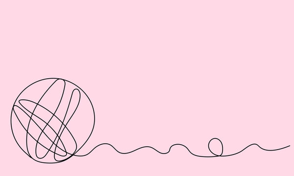 Knitting day. One continuous line of ball of thread on pink background