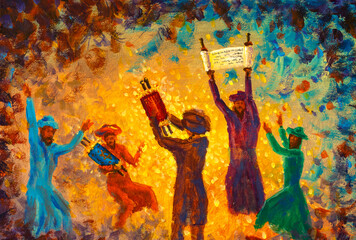 Simchat Torah painting religious holiday greeting card jewish religious holiday book torah paintings art illustration