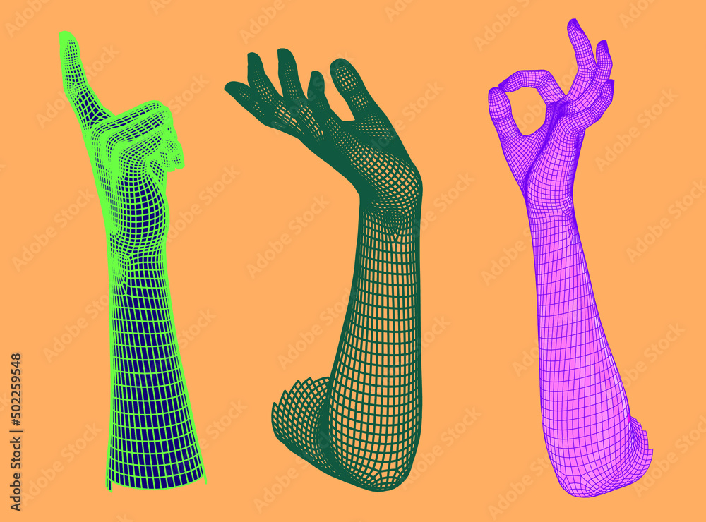 Poster set of 3d low-poly hand models made of polygonal wireframe. collection of futuristic style illustrat