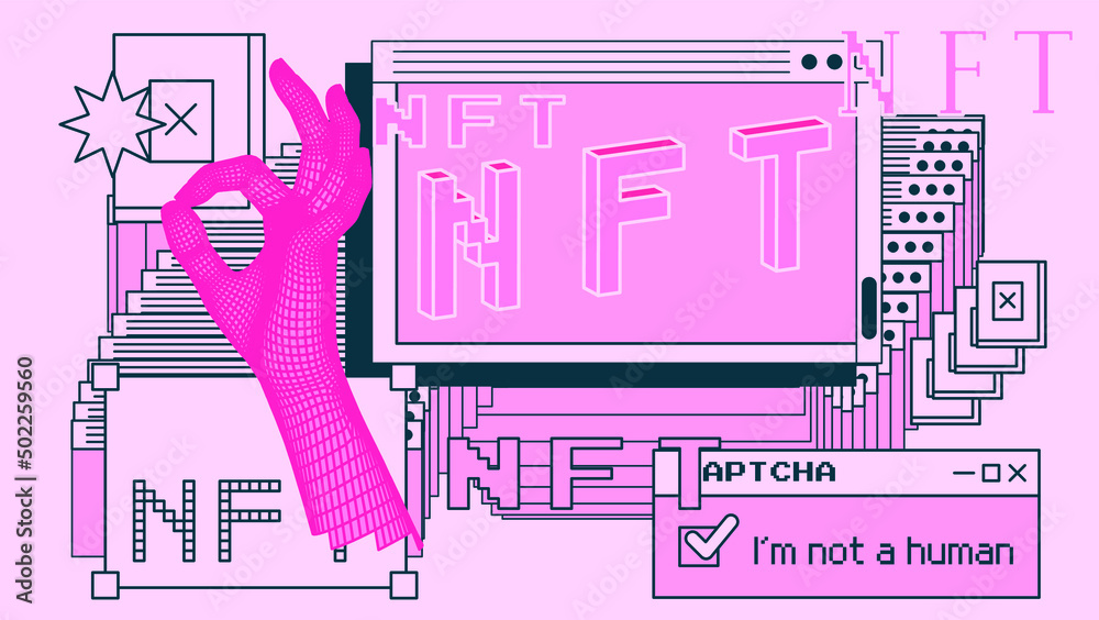 Poster Computer screen with of user interface elements. Conceptual illustration of the NFT or Non-fungible token.