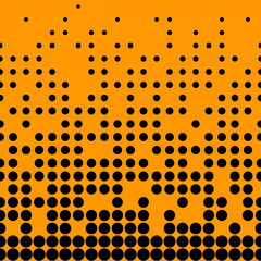Abstract seamless geometric circle pattern. Mosaic background of black circles. Evenly spaced shapes of different sizes. Vector illustration on orange background