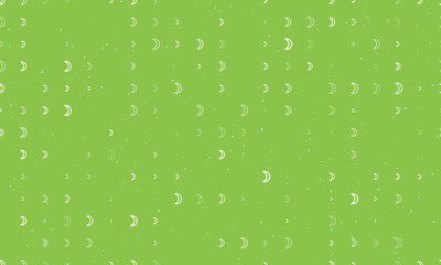 Seamless background pattern of evenly spaced white moon astrological symbols of different sizes and opacity. Vector illustration on light green background with stars