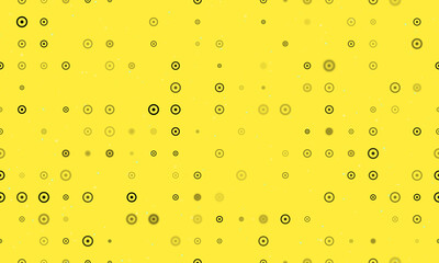 Seamless background pattern of evenly spaced black astrological sun symbols of different sizes and opacity. Vector illustration on yellow background with stars