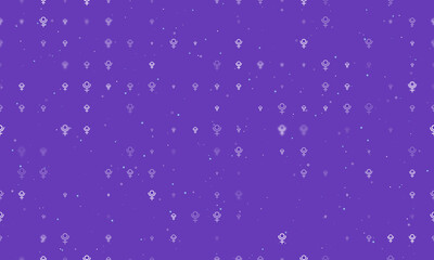 Seamless background pattern of evenly spaced white astrological pluto symbols of different sizes and opacity. Vector illustration on deep purple background with stars