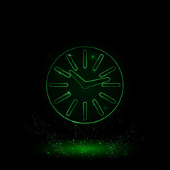 A large green outline clock symbol on the center. Green Neon style. Neon color with shiny stars. Vector illustration on black background