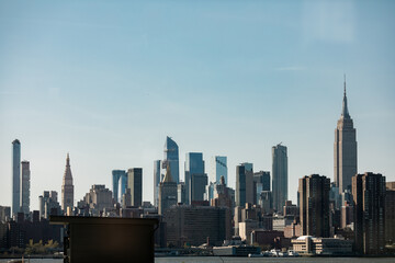 Empire State Building and Manhattan Skyline against a clear blue sky