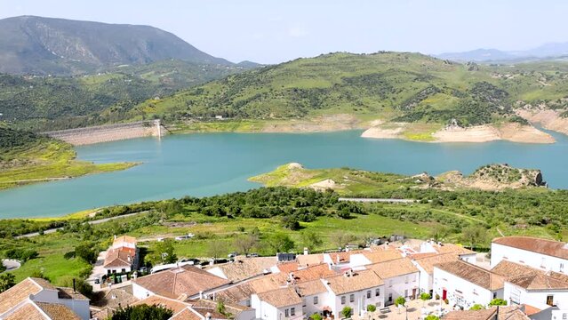 Panoramic view of Sierra de Grazalema (Grazalema Mountains) from the village of Zahara de la Sierra in Cadiz, Andalusia, Spain. Route Pueblos blancos de Cadiz (White villages of Cadiz route)