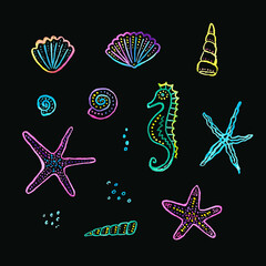 Sea set with sea shells, sea horse, starfish on black background, hand made illustration