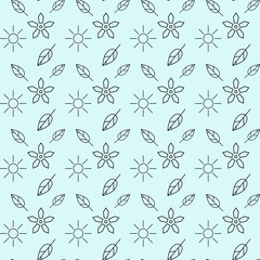Fototapeta premium Seamless pattern with geometrical flowers, sun and leaves on the blue background. Simple shapes. Vector pattern for decorative paper, wrapping, textile and packaging.