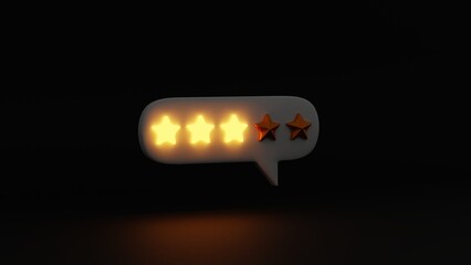 White icon of dialogue with gold stars of the rating. Black background. Three in five stars is active and glows. 3d render. 