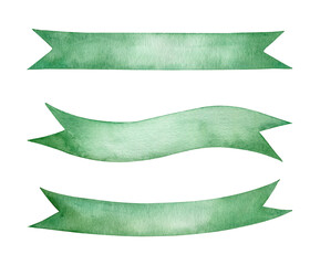 Set of green ribbon banner. Watercolor illustration isolated on white.