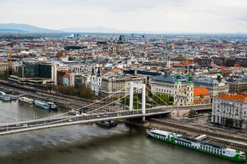 Top view of Budapest with Elisabeth Bridge over Danube river