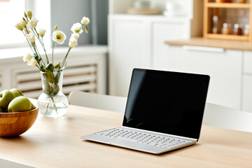 Minimal background image of open laptop on wooden table in kitchen decorated with fresh flowers and...