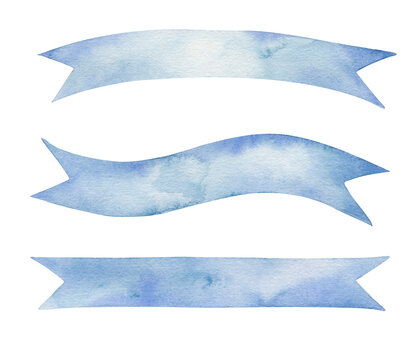 Set of blue ribbon banner. Watercolor illustration isolated on white.