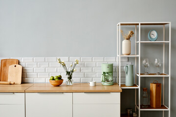 Minimal background image of white kitchen interior with open shelves, copy space